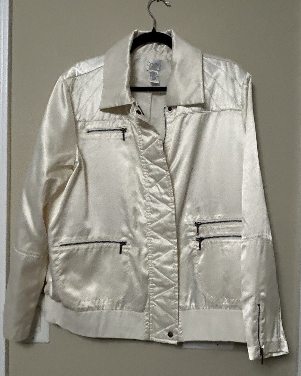 Zenergy By Chico’s Vintage Y2K Ivory Satin Bomber Jacket Size 3 (XL)